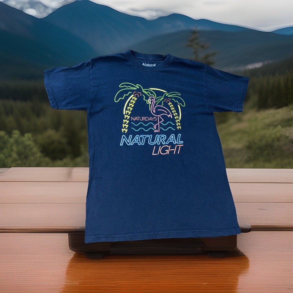 Natural Light Naturdays Flamingo Dark Blue T-Shirt Neon Palm Trees Men's Medium